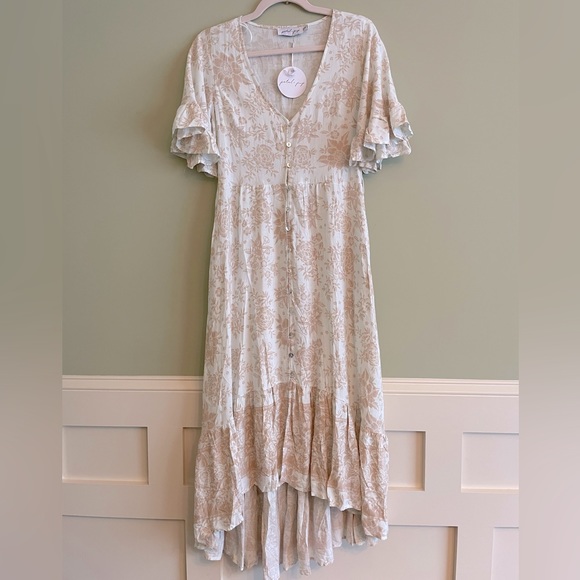 Petal & Pup Dresses & Skirts - NEW Floral Botanical Ruffle Hem Maxi Dress Cream & Brown